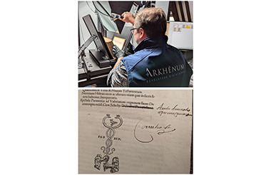 Digitisation using 45° scanning at Maison d’Érasme, producing detailed images of censored texts while protecting fragile materials